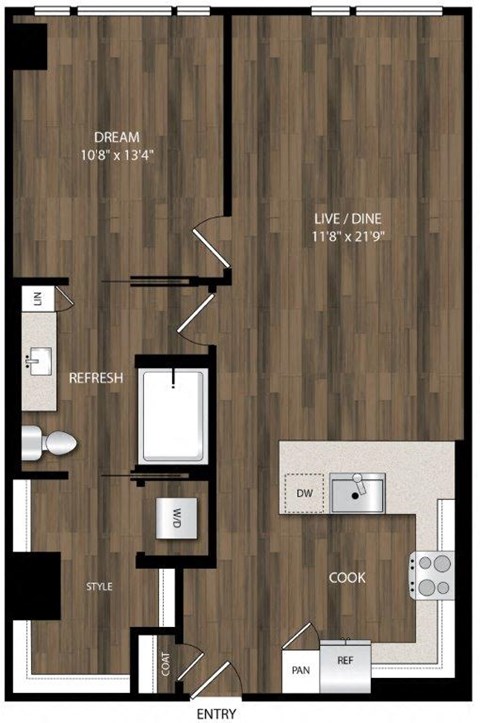 Floor plan for 1 bed, 1 bath, 825 sqft